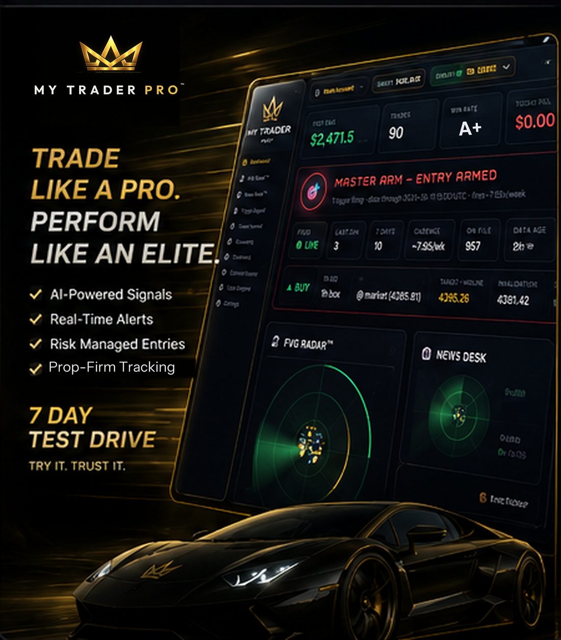My Trader Pro poster — a black supercar beneath the cockpit dashboard, under the words: trade like a pro, perform like an elite